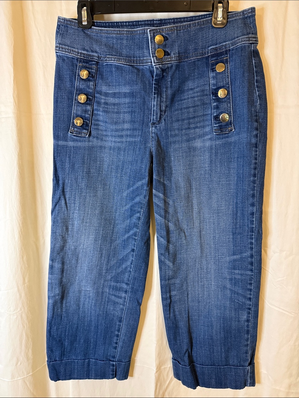 Chico's Blue Cropped Sailor Jeans with Gold Buttons